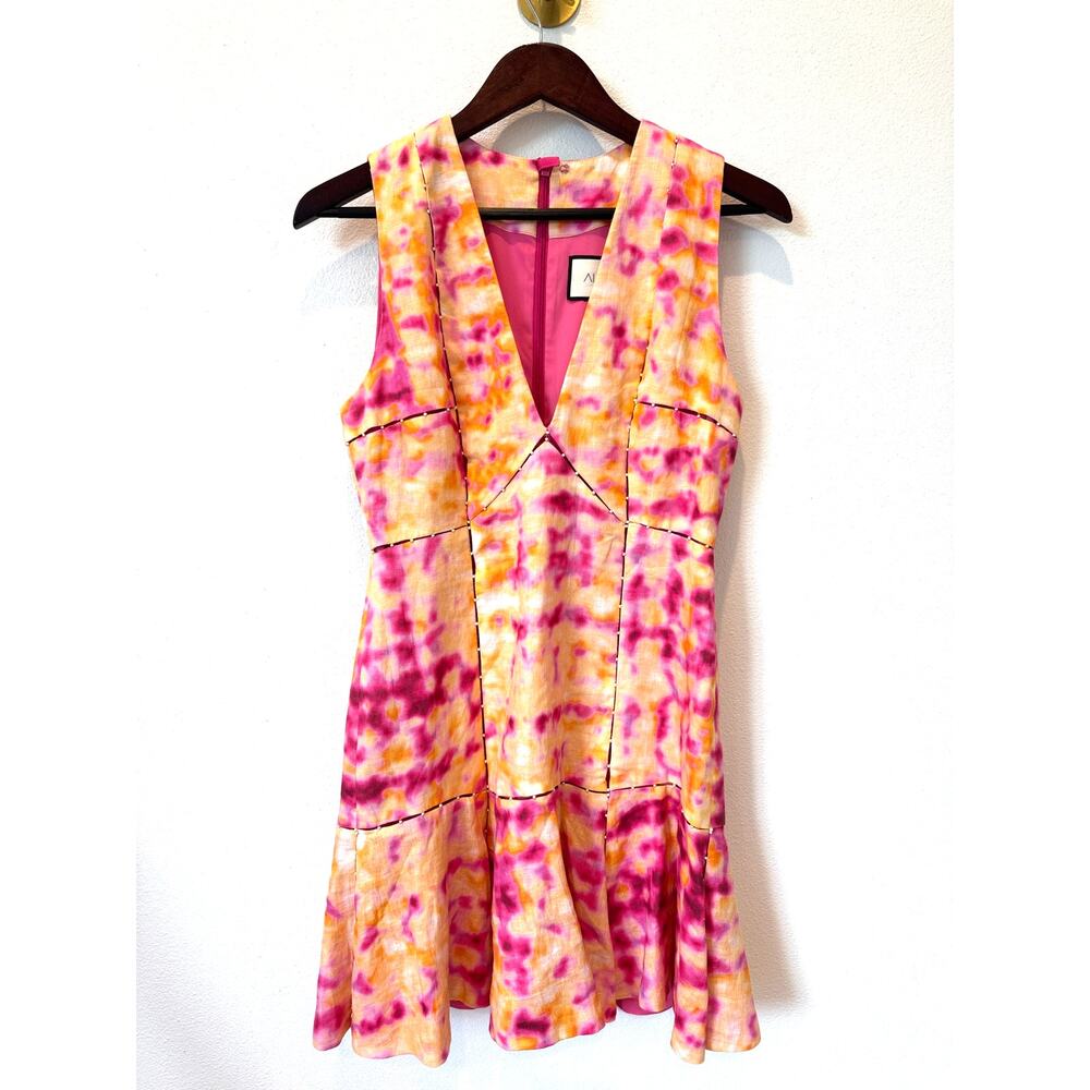 Alexis Kelene Tie Dye Beaded Mini Dress Linen Pink Orange V-Neck Size Medium